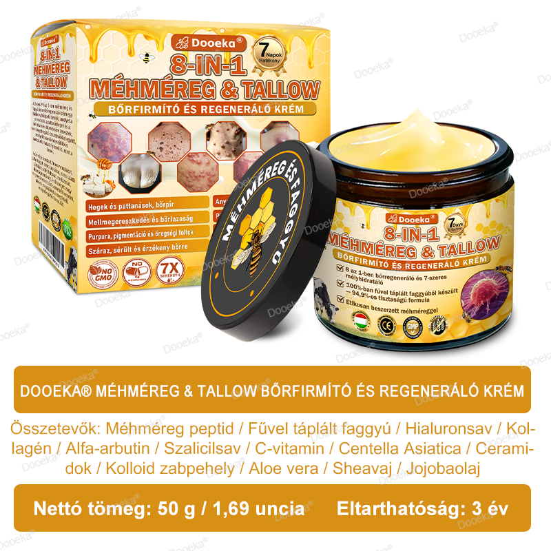 💛Dooeka® 𝟖-𝐈𝐧-𝟏 Méhméreg & Tallow Bőrfirmító és Regeneráló Krém(7 napon belül hatékony) Méhméreg + Tallow · 7X Mélyhidratálás, célozza meg a ráncokat, megereszkedést, striákat, sötét foltokat, purpurát, gyulladásokat és még sok mást.