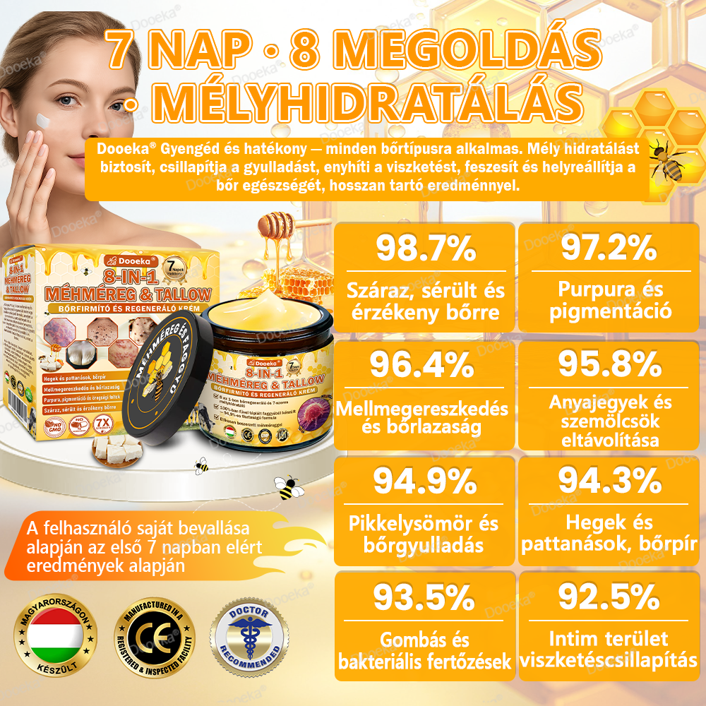 💛Dooeka® 𝟖-𝐈𝐧-𝟏 Méhméreg & Tallow Bőrfirmító és Regeneráló Krém(7 napon belül hatékony) Méhméreg + Tallow · 7X Mélyhidratálás, célozza meg a ráncokat, megereszkedést, striákat, sötét foltokat, purpurát, gyulladásokat és még sok mást.