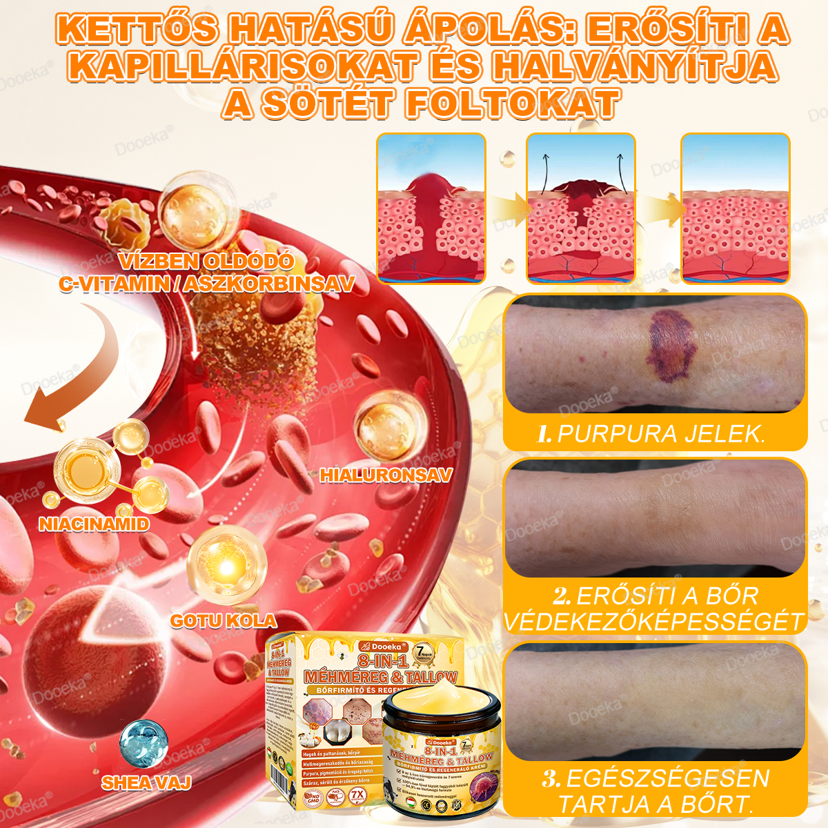 💛Dooeka® 𝟖-𝐈𝐧-𝟏 Méhméreg & Tallow Bőrfirmító és Regeneráló Krém(7 napon belül hatékony) Méhméreg + Tallow · 7X Mélyhidratálás, célozza meg a ráncokat, megereszkedést, striákat, sötét foltokat, purpurát, gyulladásokat és még sok mást.